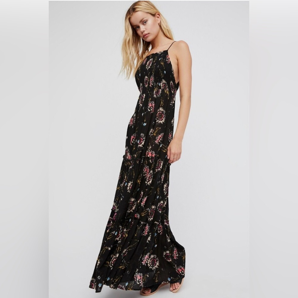 Intimately Free People Black Floral ‘Garden Party’ Smocked Maxi Dress, Size M